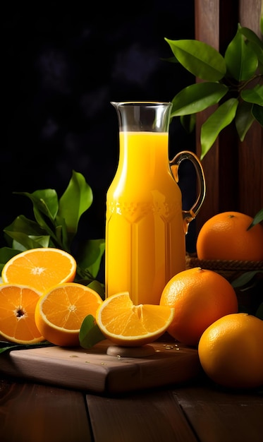 Orange juice in a glass bottle and oranges