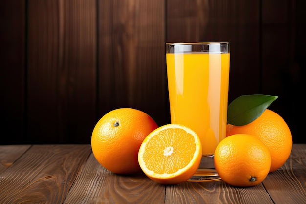 ガラスのオレンジ ジュース茶色の木の上の木製のグラスにジュースを注いだ新鮮なオレンジ フルーツのクローズ アップ