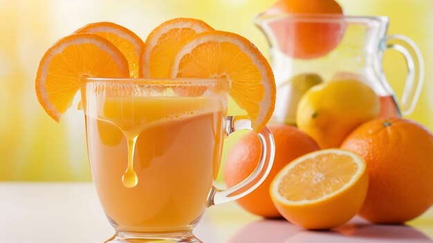 Orange juice in glass cup and jug with orange slices