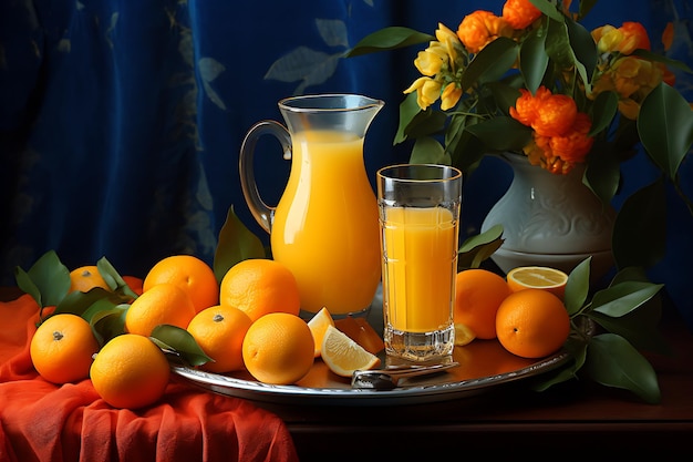 Photo orange juice in a glass and fresh fruits on a wooden table