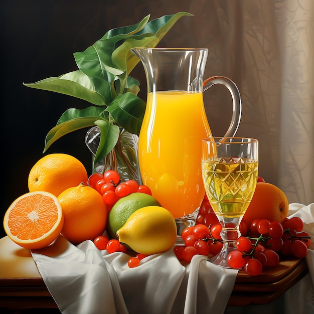 Photo orange juice in a glass and fresh fruits on a wooden table