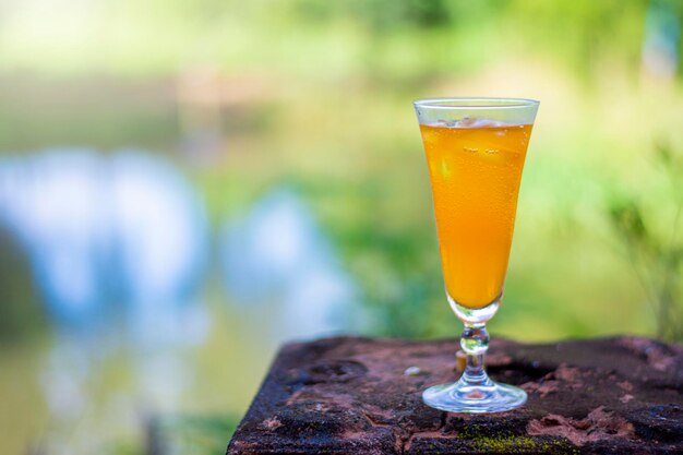 Orange juice in a glass over sunlight and natural green background in a glass with ice