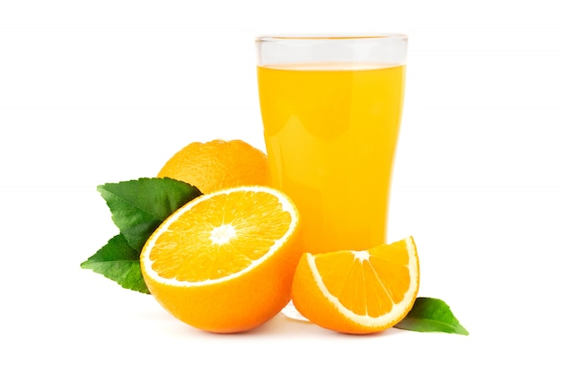 Orange  juice in glass with fruit isolated on white surface