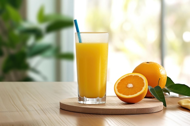 Orange juice in glass with fruits and green leaves on brown wooden table