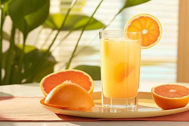 Foto succo d'arancia in un bicchiere con una fetta di lime sul bordo