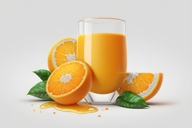Foto succo d'arancia in un bicchiere con qualche arancia fresca isolato su uno sfondo bianco