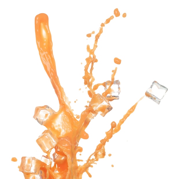 Фото Апельсиновый сок кубик льда прохладный наливается в форме линии апельсиновой сочной дрожащий взрыв в воздухе жидкая вода брызгает как взрыв капли в стеклянной чашке белый фон изолирован