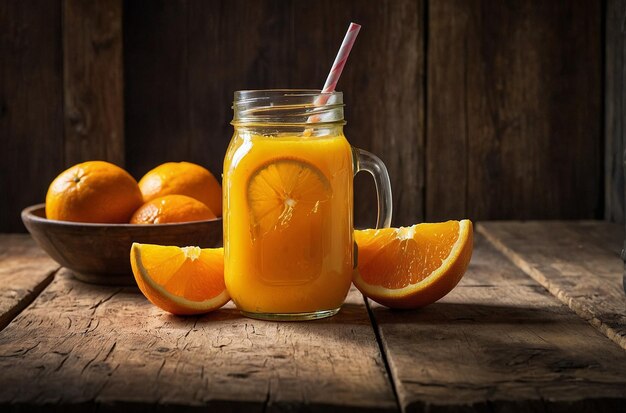 Orange juice in a mason jar with a r