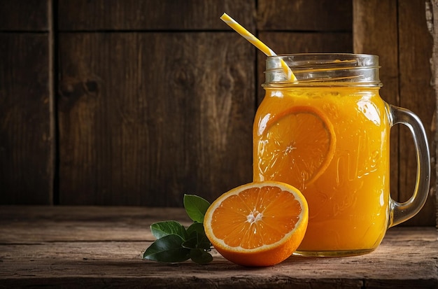 Orange juice in a mason jar with a r