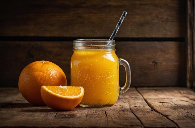 Orange juice in a mason jar with a r