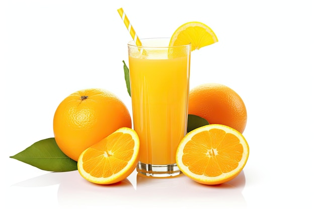 白い背景にオレンジ ジュースとオレンジ スライスだけ