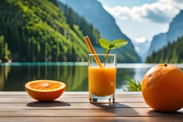Orange juice and an orange on a wooden table