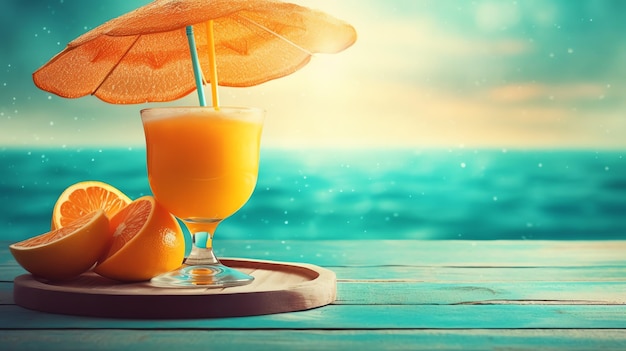 Orange juice and oranges on a table with a sunset in the background