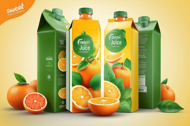 Photo orange juice package design with label and fresh fruit isolated on yellowreddish background in 3d illustration