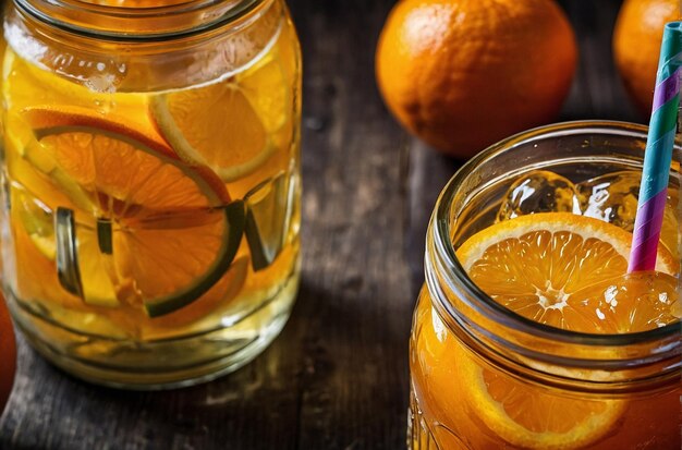 Photo orange juice served in a mason jar with a colorf