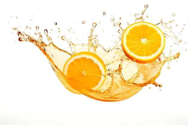 白い背景のオレンジジュースのスプラッシュ波
