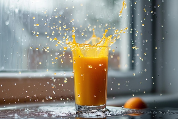Foto ondata di succo d'arancia su uno sfondo bianco