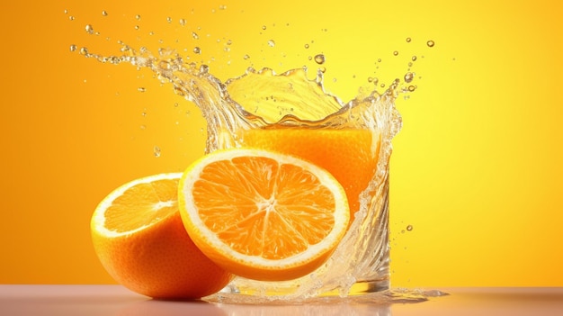 Foto splash di succo d'arancia con fetta di arancia