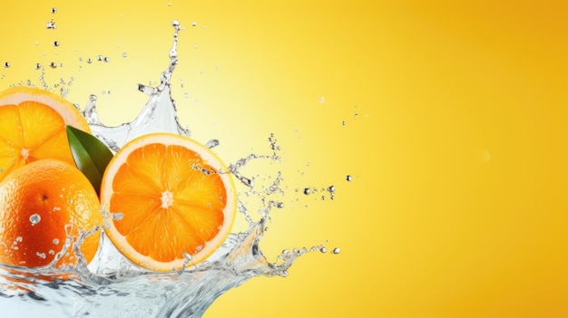 Orange juice splashing on fresh sliced oranges and orange fruit isolated over orange background