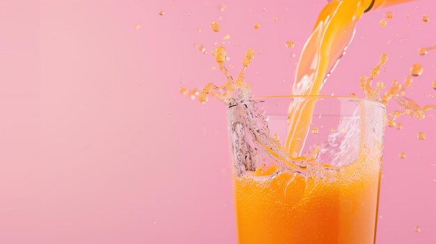 Апельсиновый сок брызгает из стакана на розовом фоне