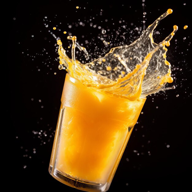 An orange juice splashing into a glass