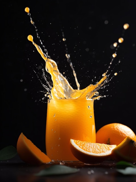 Orange juice splashing out from the glass surrounded by orange slices on dark background Created with Generative AI technology