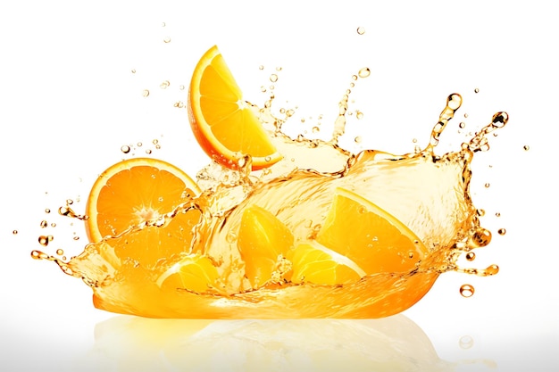 Orange juice splashing with its fruits isolated on white background