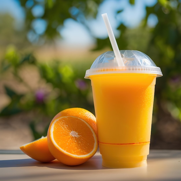 orange juice on table behind fruit garden background