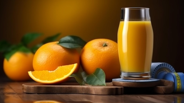 Orange juice on a table with two oranges