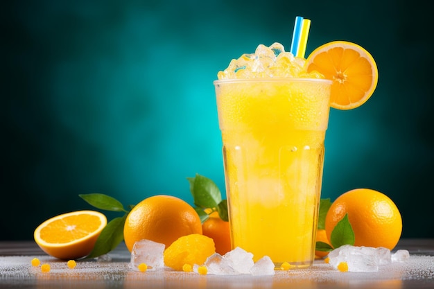 写真 アイスとストローのオレンジジュース