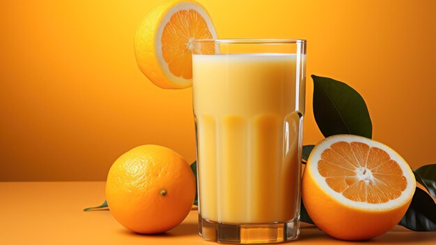 Orange juice with oranges in background