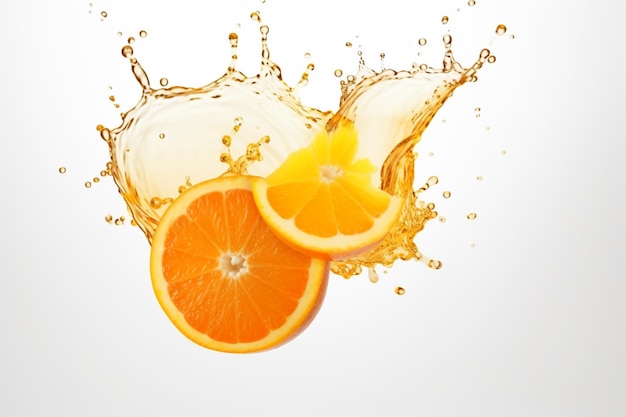 Orange juice with splashes and an orange fruit in an isolated white background