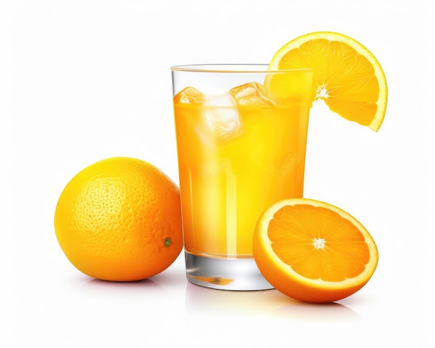 Orange juice with splashes with orange fruit in isolated white background studio shot