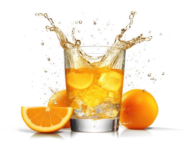 Апельсиновый сок с брызгами апельсиновых фруктов на изолированном белом фоне студийного снимка