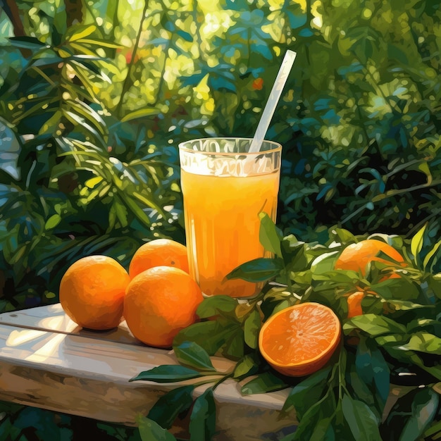 Orange juice with splashes with orange fruit in studio background restaurant with garden