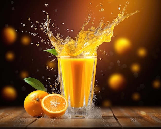 Orange juice with splashes with orange fruit in studio background restaurant with garden