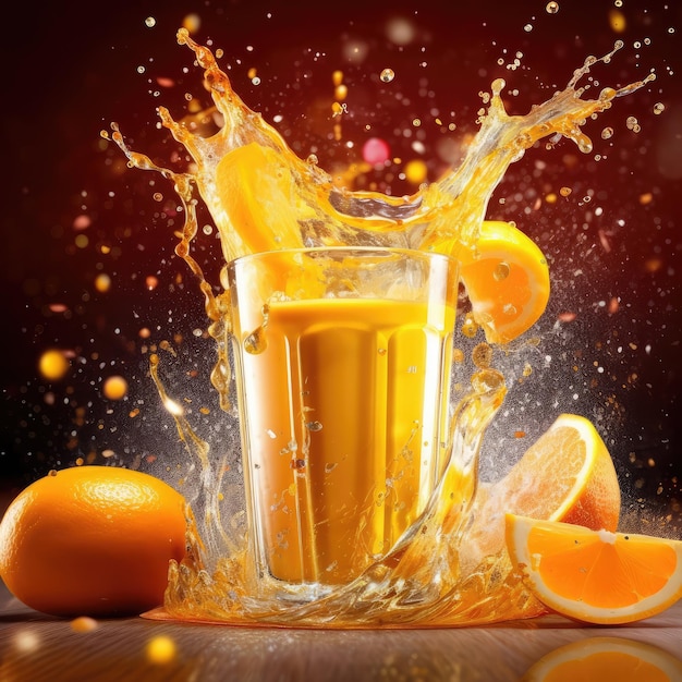 Orange juice with splashes with orange fruit in studio background restaurant with garden