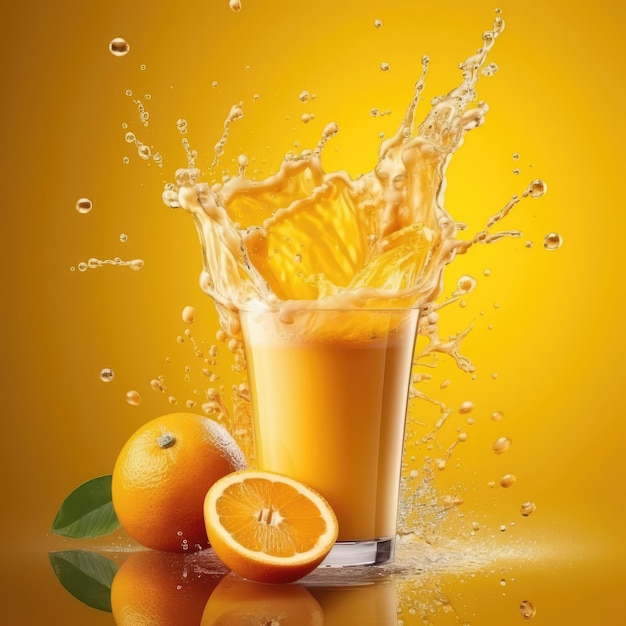 Orange juice with splashes with orange fruit in studio background restaurant with garden