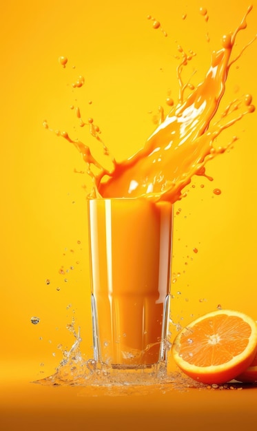 Orange juice with splashes with orange fruit in studio background restaurant with garden