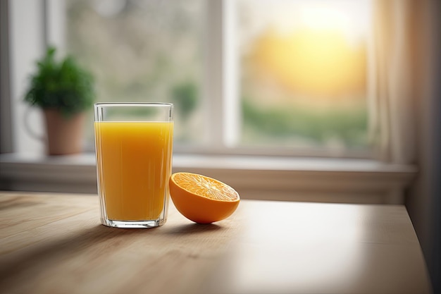 Orange Juice on Wooden Table Generative AI