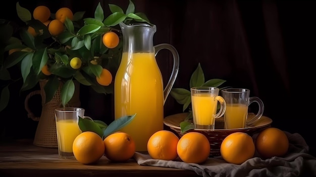 Orange juices and glasses on a table