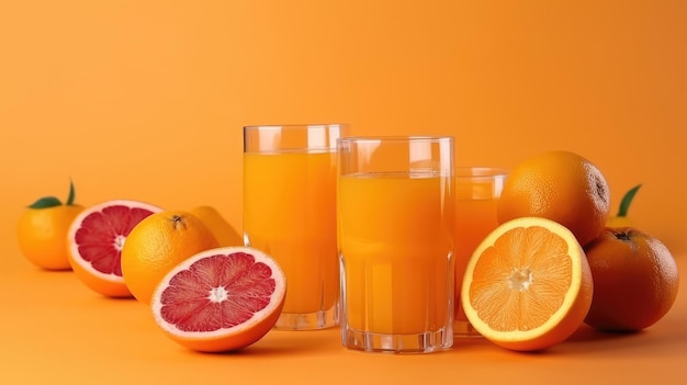Orange juices and grapefruit are on a table.