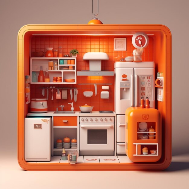 Photo a orange kitchen with a microwave and a microwave on the bottom