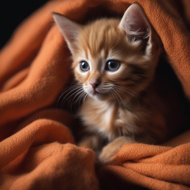 Orange kitten in blanket with dark background