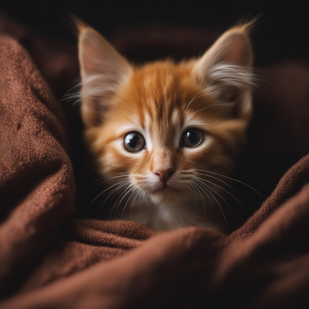 Orange kitten in blanket with dark background