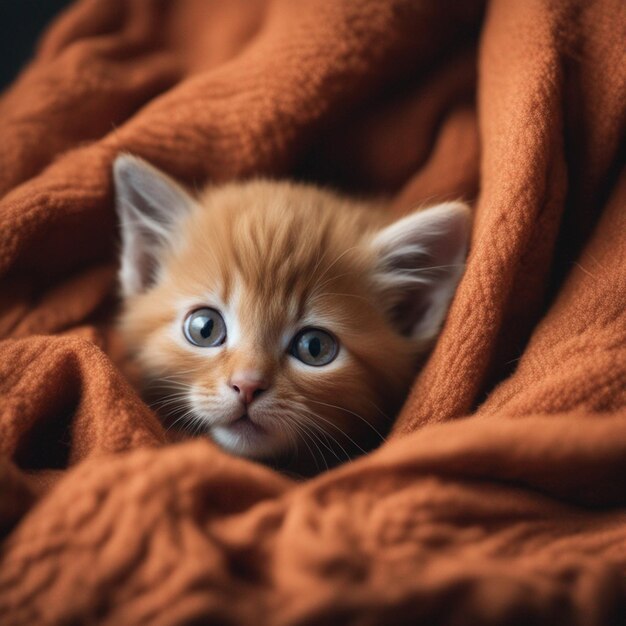 Orange kitten in blanket with dark background