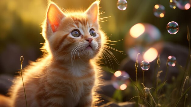 Orange kitten gazes at floating bubbles in a magical sunset field