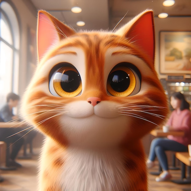 オレンジ色の子猫が驚いてレストランに座っている
