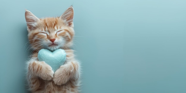 평온 한 표정 을 가진 오렌지색 새끼 고양이 가 부드러운 파란색 심장 모양 의 베개 를 안아 눈 을 부드럽게 닫는다