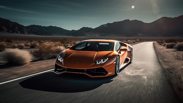 A orange lamborghini is driving down a road with mountains in the background.